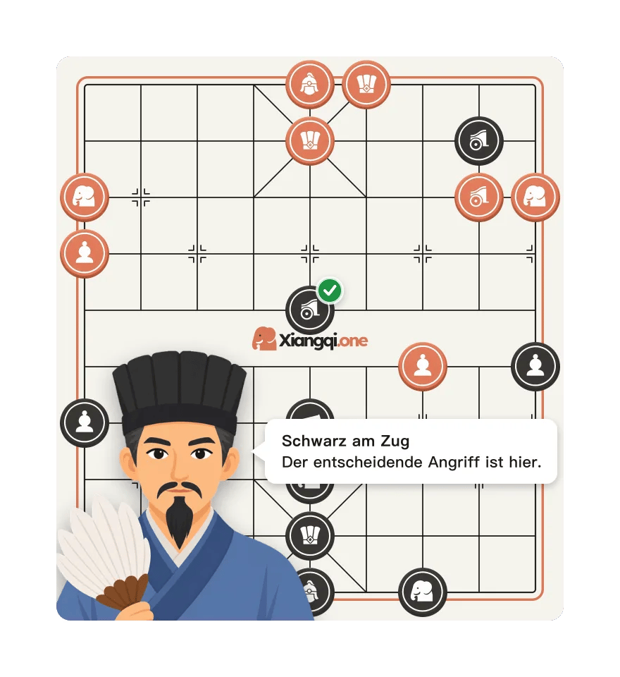 Der Meister zeigt auf den entscheidenden Zug auf einem Xiangqi-Brett, Schwarz am Zug