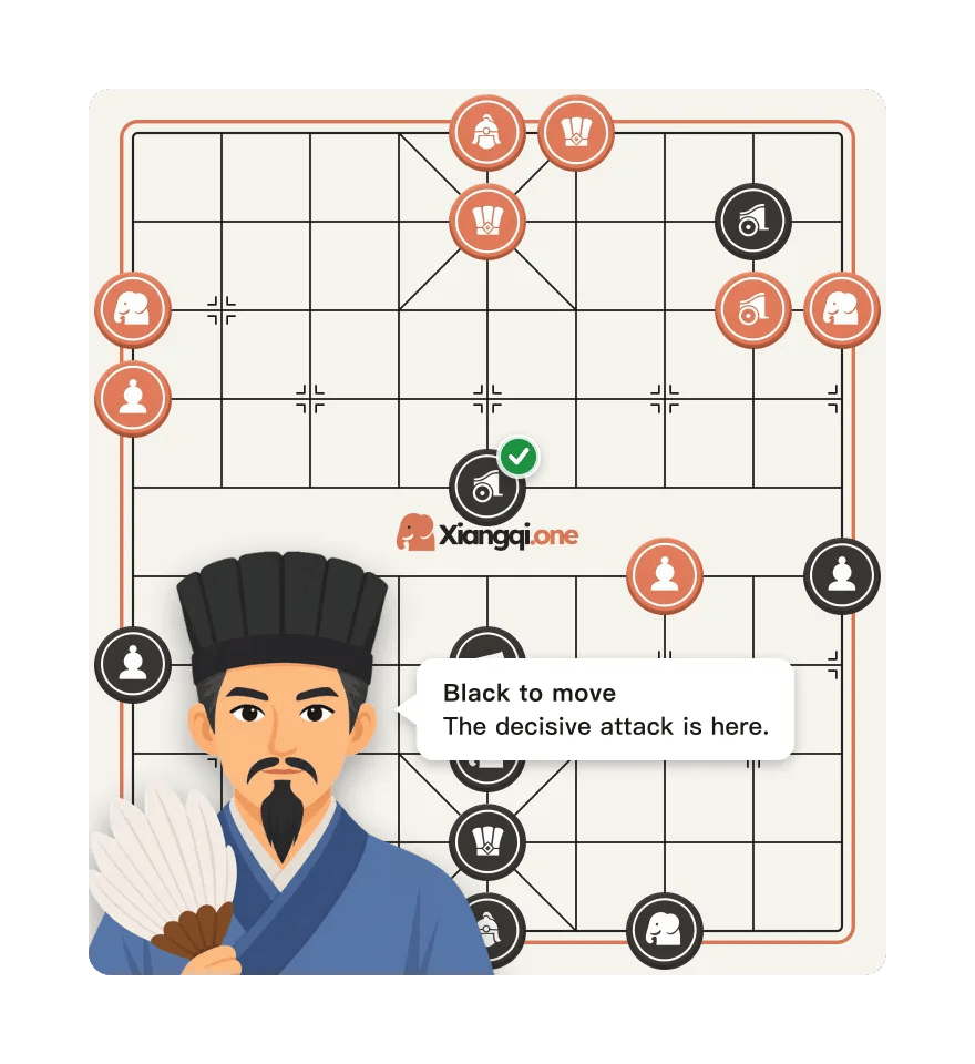 The Master pointing at the decisive move on a Xiangqi board, with black to play