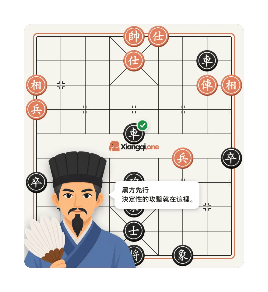 師父指出象棋棋盤上的決定性一著，輪到黑方走棋
