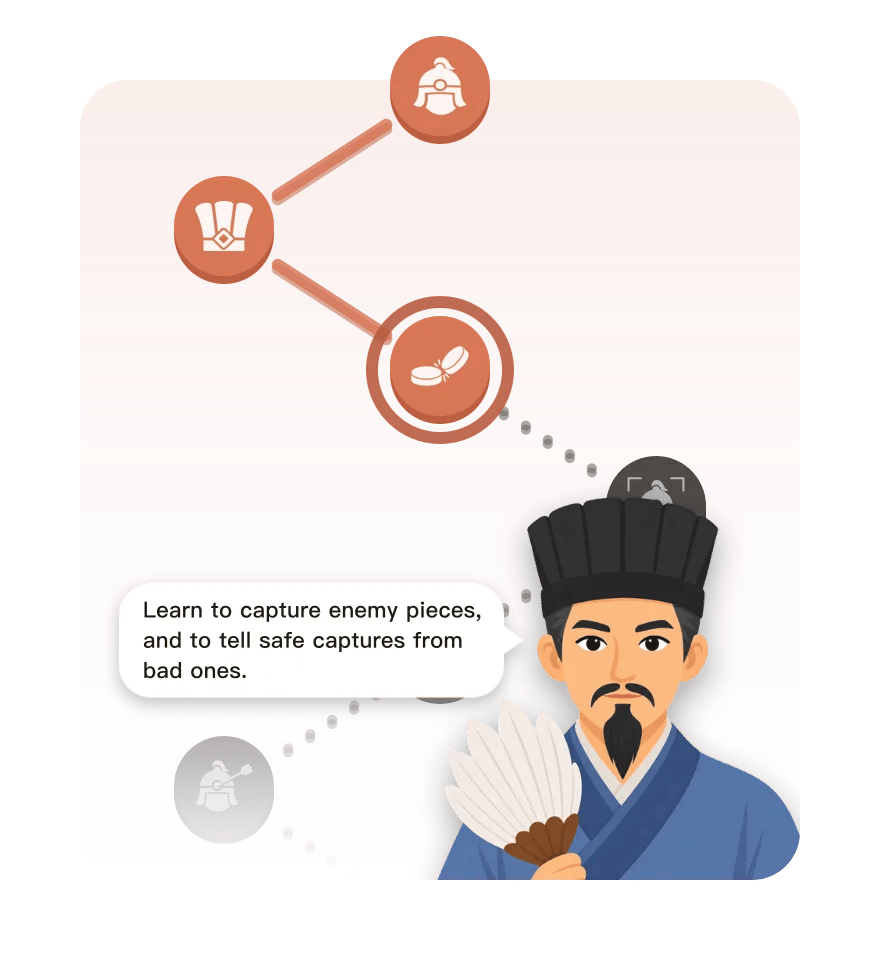The Xiangqi One learning path, at the “Capturing” lesson: the coach explains how to capture enemy pieces and tell safe captures from bad ones.