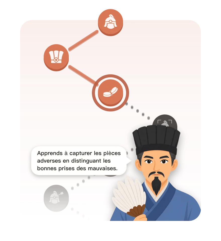 Le parcours d’apprentissage de Xiangqi One, à la leçon « La capture » : le coach explique comment prendre les pièces adverses en distinguant les bonnes prises des mauvaises.