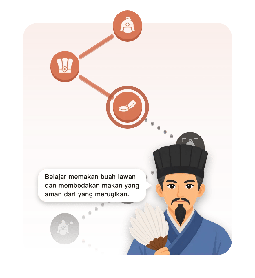 Jalur belajar Xiangqi One pada pelajaran “Memakan”: pelatih menjelaskan cara memakan buah lawan dan membedakan makan yang aman dari yang merugikan.