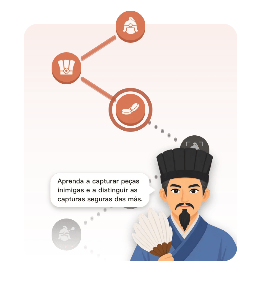 A trilha de aprendizado do Xiangqi One, na lição “A captura”: o treinador explica como capturar peças inimigas e distinguir as capturas seguras das más.
