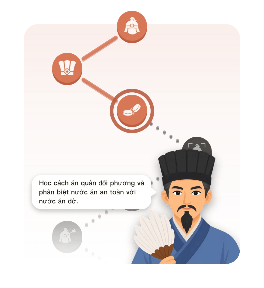 Lộ trình học của Xiangqi One ở bài “Ăn quân”: huấn luyện viên giải thích cách ăn quân đối phương và phân biệt nước ăn an toàn với nước ăn dở.