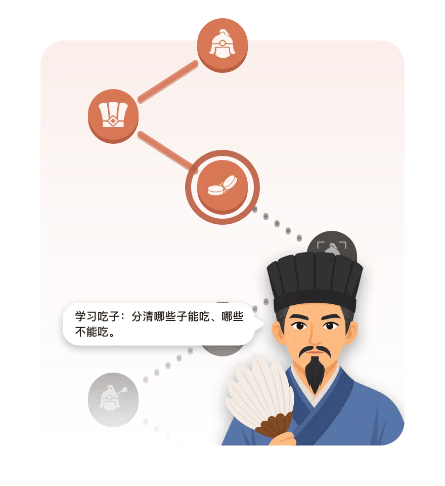Xiangqi One 的学习路径，正在“吃子”这一课：教练讲解怎么吃子，以及哪些子能吃、哪些不能吃。