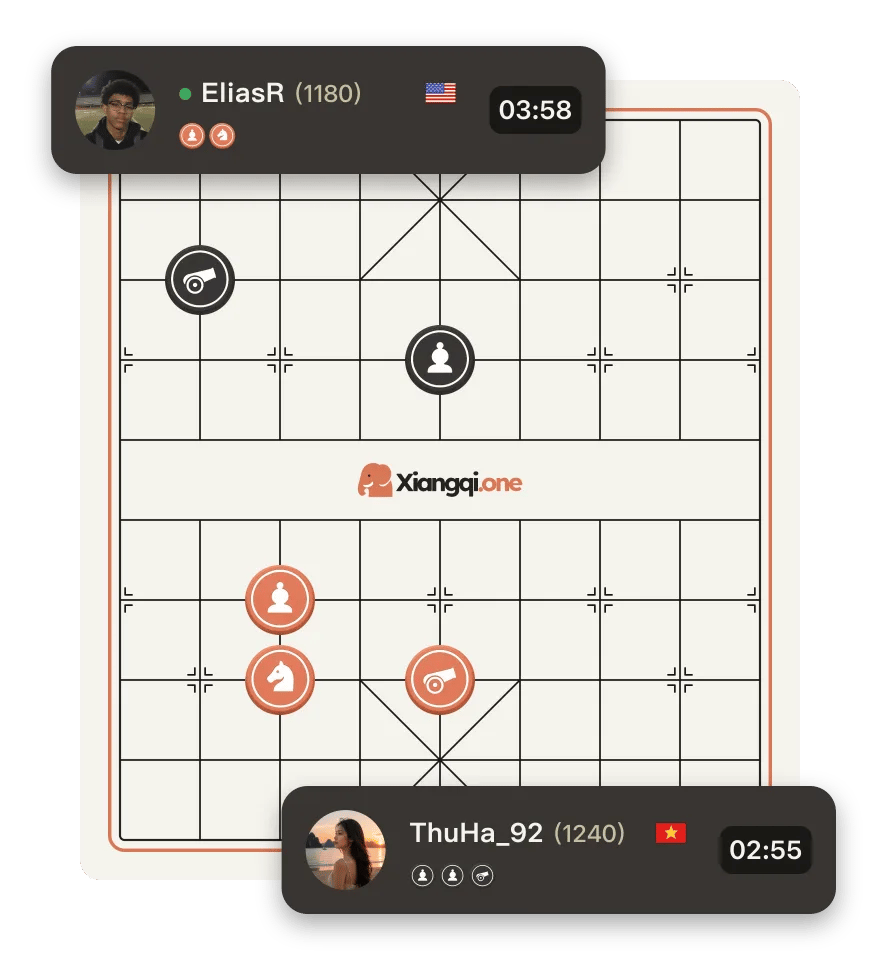 Two online players mid-game, with their ratings, countries, clocks and captured pieces